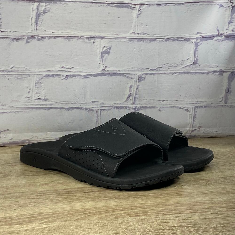 Olukai Nalu Black Slide Sandals Men's Size 12 Adjustable Strap Slip On Comfort
